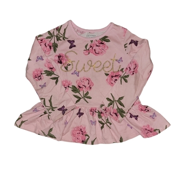 Long sleeve pink floral top size 4T  says SWEET on front in gold sequins - Picture 1 of 5